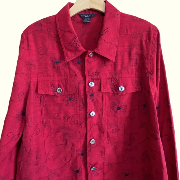 SILKLAND Ruby Red with Black Embroidered Detail Button Front Jacket Size 1X - Picture 2 of 4